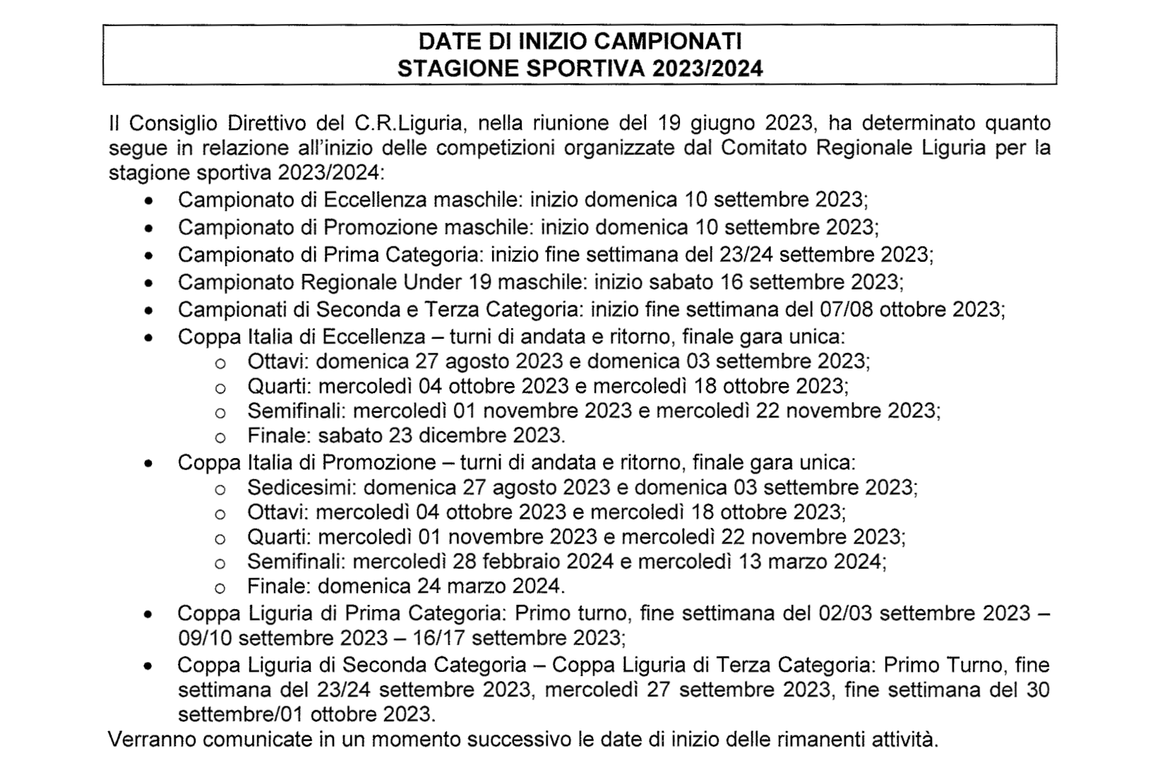 CR Liguria. Ufficializzate tutte le date della stagione 20232024 Liguria